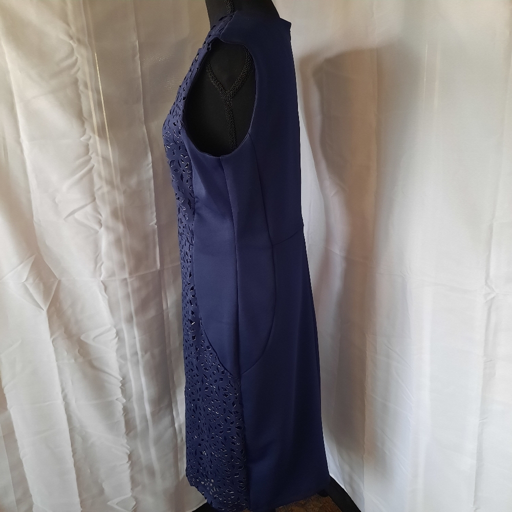 EnFocus Navy Blue Sheath Dress Women Sz 12 V Neck Eyelet Detail Cutouts Midi - Picture 7 of 15